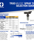 TRUEAIRLESS Spray Tip Selection Guide for Pro Grade Airless Paint Sprayer with various spray widths and materials.