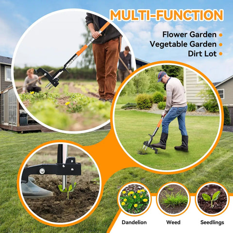 Multi-function stand up weed puller with long handle and 3 claw steel head for no bending kneeling free weeding in gardens