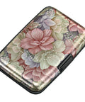 Ultra Slim RFID Blocking Aluminum Card Wallet For Men And Women with floral design, metal card holder with clasp closure