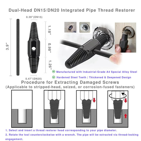 Gcoujrl Dual-Function Pipe Threading Tool Kit For PVC Pipes With Screw Extractor and Sealant Tape Electric Drill Compatible, showing dual-head DN15/DN20 tool.