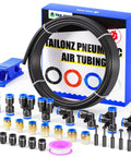 6mm OD PU Air Tubing Kit With 10 Meter Roll And 29 Push To Connect Fittings Including Tees Elbows Y Splitters And Straight Unions, kit displayed