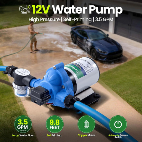 12V Water Pump With 3.5 GPM Flow Pure Copper Diaphragm Motor Self Priming Design Easy Hookup Adjustable 40 to 80 PSI