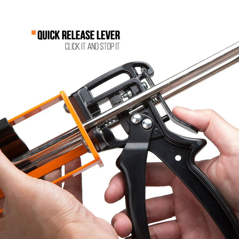 Quick release lever on high thrust dual component cartridge gun for 200 milliliter cartridges, showing mechanism and grip.