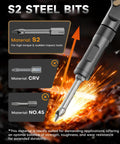 Close-up of 42 In 1 Magnetic Screwdriver Set with T Handle Ratchet showing S2, CRV, and NO.45 steel bits in fiery background.
