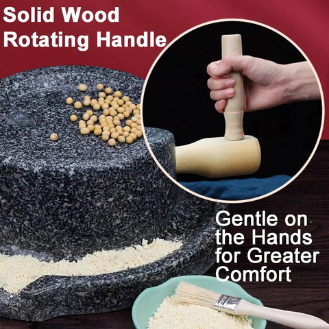 Hand Crank Stone Grain Mill With Granite Grinding Stone And Sturdy Wood Base, compact flour grinder in use with grains