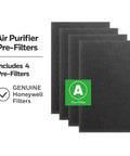 Four Pack Activated Carbon Pre Filters For Air Purifiers That Cuts Odors And VOCs Fits Select HPA Series Units Like HPA300 HPA304 HPA3300 HPA5300 And HPA8350 showing four filters with packaging.