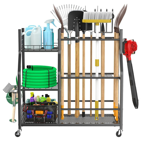 Garden Tool Organizer With Wheels Rolling Cart For Garage And Shed Large Upright Stand For Rakes Shovels And Long Handled Yard Tools Indoor Outdoor Storage To Keep Tools Neat And Accessible filled with tools