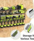 Heavy Duty Power Tool Wall Mount Organizer With 4 Tier Shelves And 8 Drill Holders, Supports Up To 300Lbs, Ideal Garage Workshop Basement Storage, Black. Image shows multiple drill holders and various tools organized on a wall-mounted shelf.