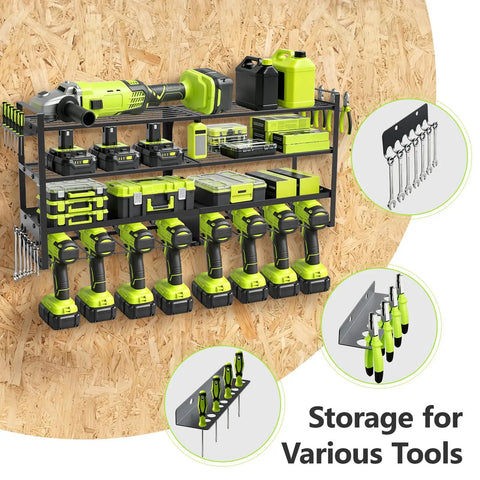 Heavy Duty Power Tool Wall Mount Organizer With 4 Tier Shelves And 8 Drill Holders, Supports Up To 300Lbs, Ideal Garage Workshop Basement Storage, Black. Image shows multiple drill holders and various tools organized on a wall-mounted shelf.