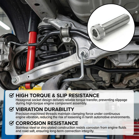 Top Shelf M5 X 25mm 50 Pack Socket Head Cap Screws 304 Stainless Steel Bolts in use with hex wrench in automotive application.