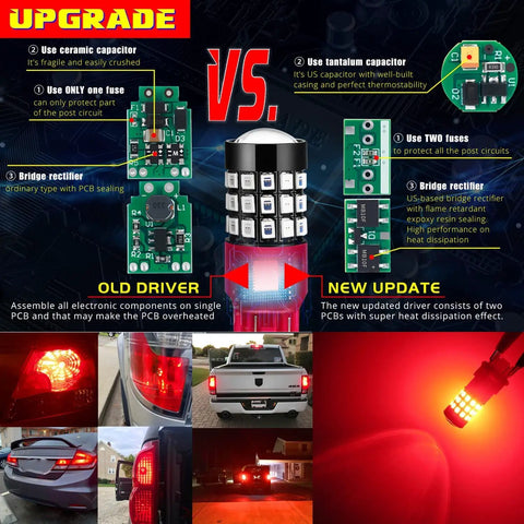 Comparison of old and new Red 3156 3157 LED Turn Signal Bulbs featuring 39 2835 SMD chips for enhanced durability and brightness.