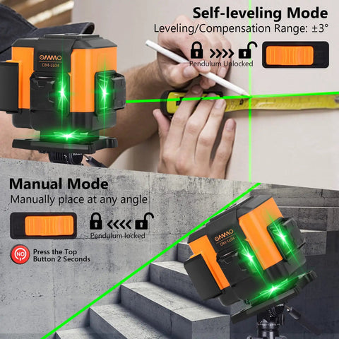 Green Laser Level Self Leveling Tool With 12 Line Lasers And 360 Degree Horizontal And Vertical Beams 150ft Range Cross Line Accuracy Wall Bracket And Remote Control with green beam on wall and manual mode