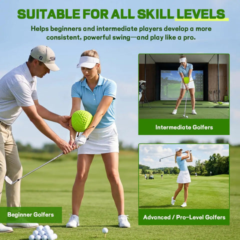 Golf Swing Trainer For Posture And Arm Position Correction On Green with beginner, intermediate, and advanced golfers practicing