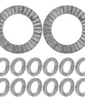 Badass Manganese Steel Wedge Locking Washers 30 Pairs Push On Anti Vibration Anti Loosening Security Fasteners For Bolts Screws Industrial Gear in a display with round washers.