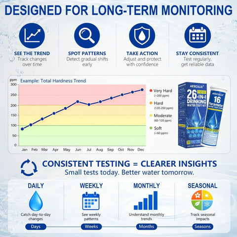 Infographic showing water hardness trend with AESCULUX 26 IN 1 DRINKING WATER TEST KIT, emphasizing long-term monitoring.