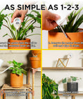 Soil Moisture Meter with Hygrometer Sensor for Indoor and Outdoor Plants, steps for checking soil humidity; no batteries required.