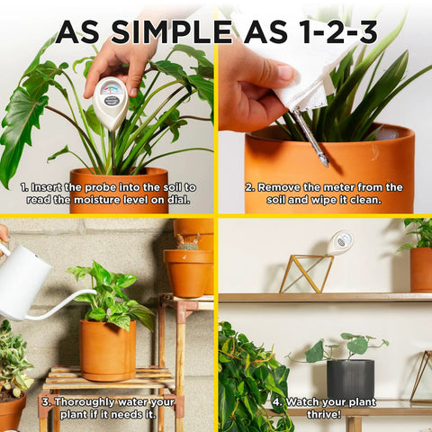 Soil Moisture Meter with Hygrometer Sensor for Indoor and Outdoor Plants, steps for checking soil humidity; no batteries required.