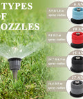 16 Pack Adjustable Variable Arc Pop Up Sprinkler Heads With Premium Replacement Nozzles For No Sweat Lawn Care And Yard Maintenance Featuring Straight Shot Accuracy And Top Shelf Performance For Quick Setup On Any Property showing 4 nozzle types with different spray radii