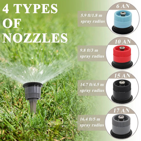 16 Pack Adjustable Variable Arc Pop Up Sprinkler Heads With Premium Replacement Nozzles For No Sweat Lawn Care And Yard Maintenance Featuring Straight Shot Accuracy And Top Shelf Performance For Quick Setup On Any Property showing 4 nozzle types with different spray radii