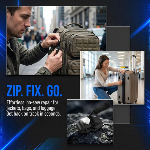 Man and woman using Zipper Repair Kit 15-Piece Set With Three Sizes Detachable Pulls Quick Install No Sewing Needed For Jackets Luggage Bags Universal Zip Heads Replacement on bags.