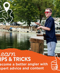 Man fishing from dock with rod, promoting fishing tips; background includes water and trees