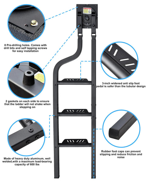 Rotatable Tailgate Ladder For Pickup Trucks, Grab-And-Go Heavy Duty 600 Lb Capacity, Easy Fold Design, Universal Fit For Most Trucks Up To 45 Inch Tailgate Height, Requires 56 Inch Wide Tailgate For Proper Closure, black aluminum ladder with anti-slip steps