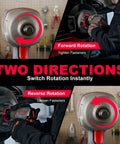 One Half Inch Drive Air Impact Wrench Featuring Twin Hammer Titanium Case And 1350 Foot Pounds Of Nut Crushing Torque A Featherweight Four Point Six Pound Workhorse Engineered For Shop Pros Who Want Boss Level Twist Without The Fatigue Green showcasing forward and reverse rotation directions with ergonomic grip.