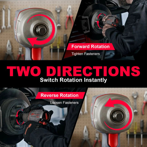 One Half Inch Drive Air Impact Wrench Featuring Twin Hammer Titanium Case And 1350 Foot Pounds Of Nut Crushing Torque A Featherweight Four Point Six Pound Workhorse Engineered For Shop Pros Who Want Boss Level Twist Without The Fatigue Green showcasing forward and reverse rotation directions with ergonomic grip.