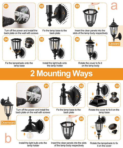 Instructions for mounting Outdoor Wall Lantern Sconce Light Black Plastic Exterior Waterproof Fixture with two installation methods.