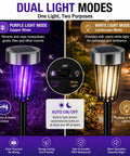Solar Powered Bug Zapper Outdoor 4 Pack for Yard Garden Patio IP65 Waterproof with Auto On Off and Purple or White Light shown in use.