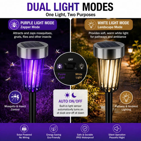 Solar Powered Bug Zapper Outdoor 4 Pack for Yard Garden Patio IP65 Waterproof with Auto On Off and Purple or White Light shown in use.