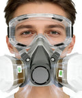 Front view of Pro Grade Reusable Half Face Respirator Kit with Anti Fog Safety Glasses and Filters for Dust Paint and Sanding