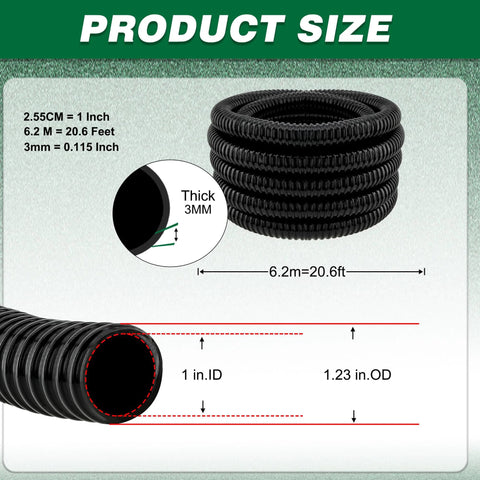 Front view of a coiled black corrugated pond hose; 1 in ID, 1.23 in OD, 6.2 m (20.6 ft) long, 3 mm wall.