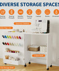 Totally Legit Folding Sewing Table With Quick Charge Port And Smooth Rolling Base Space Saving Craft Desk featuring diverse storage spaces and sewing machine.
