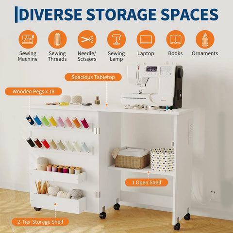 Totally Legit Folding Sewing Table With Quick Charge Port And Smooth Rolling Base Space Saving Craft Desk featuring diverse storage spaces and sewing machine.