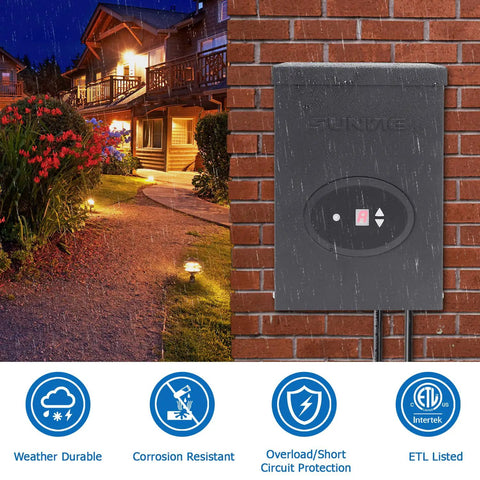 300W Low Voltage Landscape Lighting Transformer With Timer And Photocell For An Easy Install Yard Friendly Waterproof Power Supply For Path Lights And Outdoor Spotlights 120V AC To 12V Or 14V AC ETL Listed next to house and path lights
