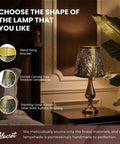 Etched tree shadow lamp with gold finish on a bedside table, highlighting decorative options and materials.
