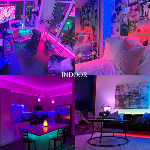 Indoor rooms with vibrant lighting from Outdoor RGB LED Light Strips 32 Feet Waterproof IP65 With Remote Control 12V Low Voltage Color Changing Tape Lights