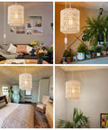 Super Easy Plug In Rattan Pendant Light With 15Ft Cord And Smooth Dimmer Switch Handwoven White Wicker Shade illuminating boho living room decor.
