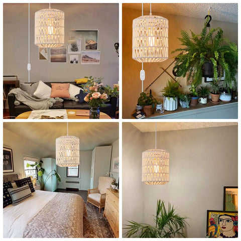 Super Easy Plug In Rattan Pendant Light With 15Ft Cord And Smooth Dimmer Switch Handwoven White Wicker Shade illuminating boho living room decor.