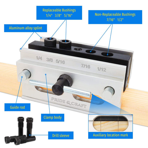 Self Centering Dowel Jig Kit With Six Drill Guide Bushings For Precise Straight Holes In Woodworking Projects mounted on wood