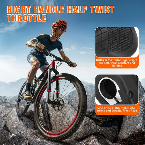 Mountain biker using Half Twist Ebike Throttle Right Handle With Waterproof Plug For MTB Conversion Kit, Thumb Throttle Controller For 12V-72V E-Bikes.