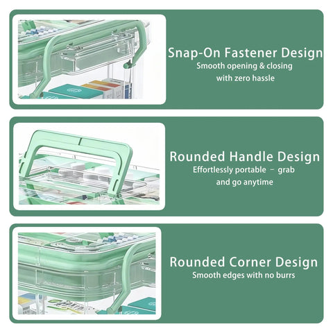 Grab And Go See Through Medicine Storage Box Set With Lids 2 Pack Portable First Aid Organizer With Handle Stackable Medical Supply Storage For Family Home Office Bathroom Bedroom Green, clear BPA-free box handle