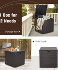 72 Gallon Outdoor Storage Box With Waterproof Zippered Liner And Gas Strut shown as deck box and side table on patio