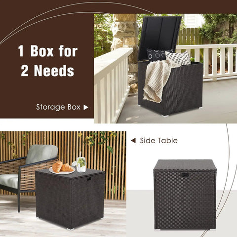 72 Gallon Outdoor Storage Box With Waterproof Zippered Liner And Gas Strut shown as deck box and side table on patio