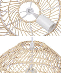 Close-up of rattan chandelier pendant light fixture with handmade basket shade for farmhouse decor, showing natural material details.