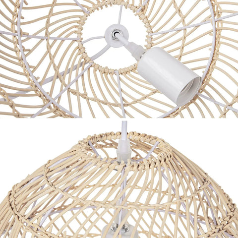Close-up of rattan chandelier pendant light fixture with handmade basket shade for farmhouse decor, showing natural material details.