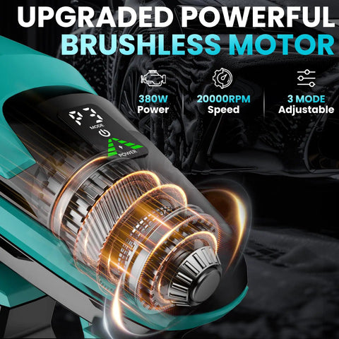 Cordless Portable Washer 800 PSI With Brushless Motor, detailed view of motor features and specifications on display.