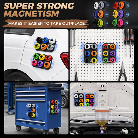 17 Piece Engine Oil Funnel Kit With 2.12 Quart Capacity And 2 Liter Option, 12 Color Coded Adapters With Rubber Gaskets on Car Door
