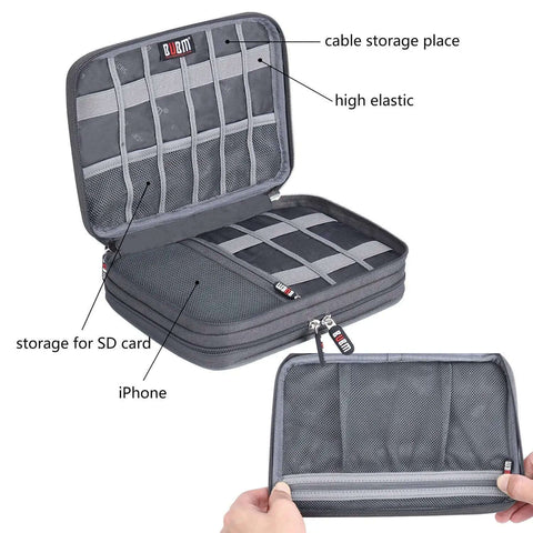 Grab And Go Double Layer Cable Organizer Pouch For Travel And Daily Adventures With Thick Padding showing cable storage and SD card space.